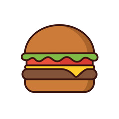 Classic cheeseburger illustration with a beef patty, melted cheese, tomato, and lettuce, representing popular fast food and delicious dining.