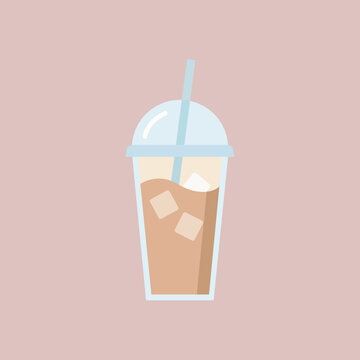 Minimalist flat vector illustration of a refreshing iced coffee or cold beverage in a clear plastic cup with a dome lid and drinking straw.