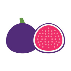 Whole purple fig and a half-cut slice showing the bright pink interior and small seeds, a delicious flat vector fruit icon.