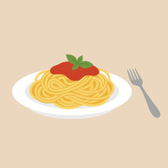 Plate of spaghetti pasta topped with classic red tomato sauce and fresh basil leaves, next to a fork, a simple flat vector illustration.