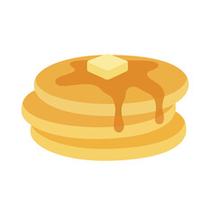 Stack of fluffy pancakes topped with melting butter and dripping maple syrup, a delicious breakfast flat vector illustration.