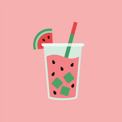 Refreshing watermelon juice or cocktail with ice cubes and seeds, served in a glass with a straw and fruit garnish, a flat vector icon.