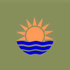 Simple Sun and Sea logo. Flat vector icon for travel, vacation, tropical resort, water sport.