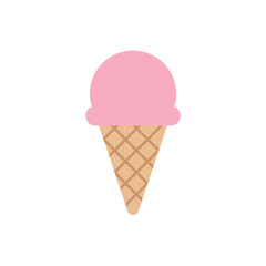 Single scoop of pink strawberry or bubblegum ice cream served in a classic waffle cone, a sweet summer dessert flat vector icon.