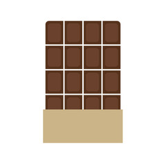 Classic rectangular milk or dark chocolate bar showing segmented squares, partially wrapped in a beige paper wrapper, a sweet dessert flat vector icon.