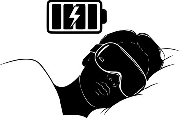 Sleep Tech & Tourism Silhouette - Person with Smart Eye Mask & Battery Recharging Icon Black Vector