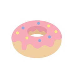Sweet donut with pink frosting dripping down and topped with colorful sprinkles, a classic pastry flat vector icon.