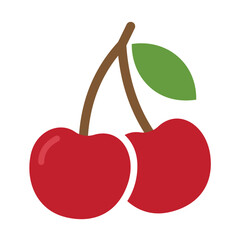 Two bright red cherries on connected brown stems with a single green leaf, a sweet fruit flat vector icon.
