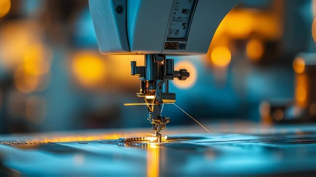 Detailed view of modern sewing machine needle in action with colorful threads and fabrics