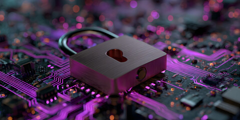 Cyber security concept. Padlock on circuit board background neon purple created with AI