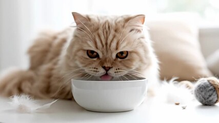 Adorable fluffy cat enjoying a meal from a white bowl in a cozy setting.