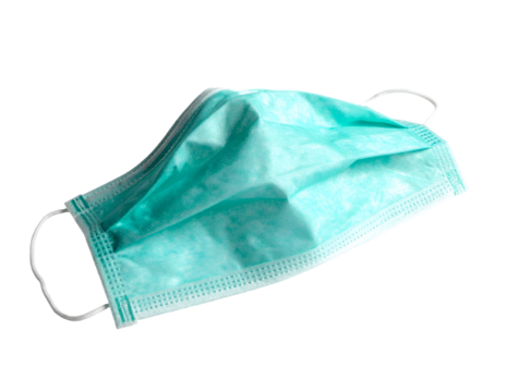 Medical surgical face mask with elastic ear loops and turquoise protective fabric on isolated background