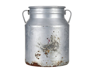 Old rusty metal milk can with handles and weathered dairy container texture on isolated background