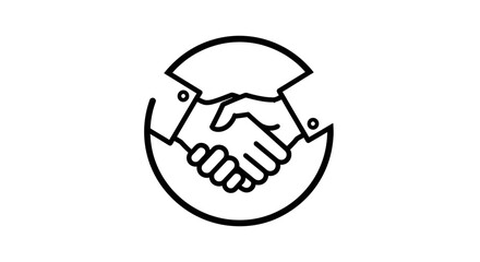 A minimalist black and white line art icon depicting two hands shaking inside a circular frame.