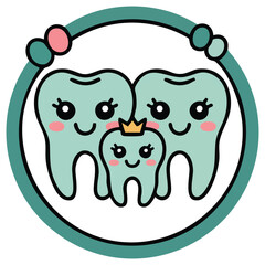 Cute kawaii teeth family cartoon characters for family dentistry concept