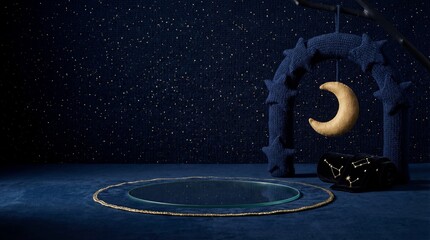 Celestial-themed product display featuring a glass podium, golden moon, knitted stars, and embroidered constellations on a deep blue velvet and sparkling night sky background.