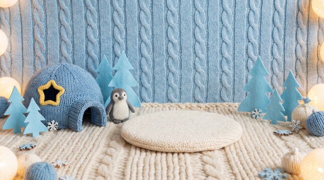 Charming Winter Knitted Backdrop with Plush Penguin Toy, Cozy Igloo, and Blue Forest Decor on a Soft Cable Knit Texture, Perfect for Product Display, Baby Photoshoots, or Holiday Designs.