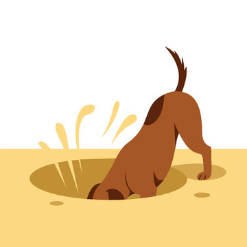 Humorous dog digging sand pit flat vector illustration