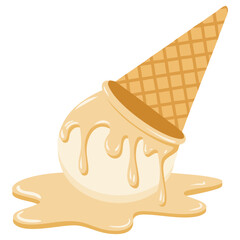 Cartoon melting ice cream cone with sweet treat dripping down waffle cone isolated vector illustration on white background