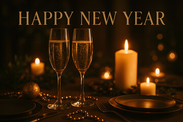 Festive setting with champagne glasses and candles for a new year celebration