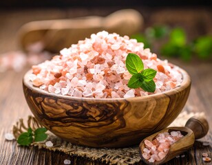 Pink salt crystals overflowing a wooden bowl, culinary scene