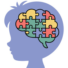 Neurodiversity awareness child with puzzle pieces in mind isolated vector illustration on white background