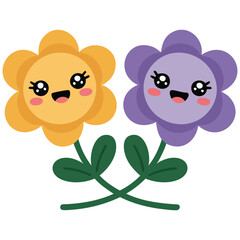 Kawaii gardening cartoon with cute flower character design isolated vector illustration on white background