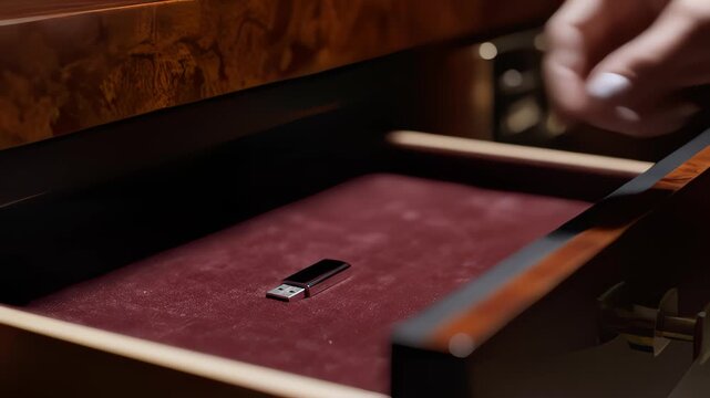 Businesswoman Places Flash Drive Into Drawer of Wooden Desk