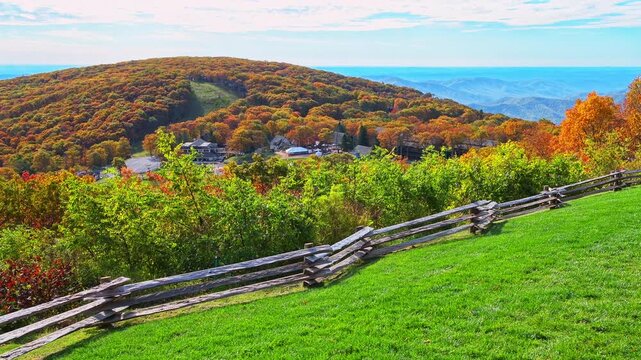 Wintergreen Resort Founders Vision overlook in colorful fall autumn, Blue Ridge mountains by ski slope lift
