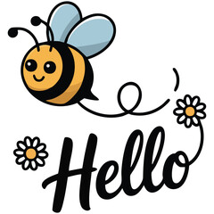 Cartoon bee with daisy blossom and cursive lettering isolated vector illustration on white background