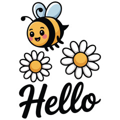 Bee cartoon character with daisy flower and handwritten font isolated vector illustration on white background