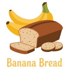 Bakery product banana bread with whole and cut bananas isolated vector illustration on white background
