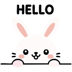 Bunny rabbit with chin on foot hello text greeting isolated vector illustration on white background
