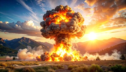 Spectacular explosion with dramatic cloud formations during the sunset