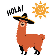 Naklejka premium Cute llama in mexican sombrero with hola text isolated vector illustration on white background