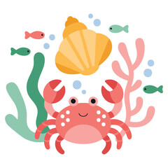 Cute crab in circle surrounded by sea items isolated vector illustration on white background