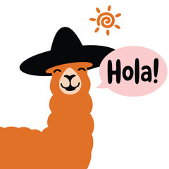 Spanish hola greeting with cute llama in sombrero isolated vector illustration on white background © azzedine