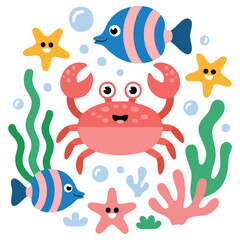 Adorable crab character with marine life elements isolated vector illustration on white background