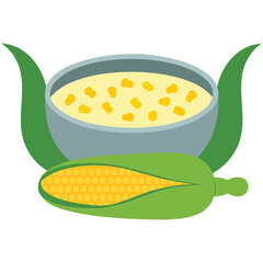 Bowl with corn soup and fresh corn ingredients isolated vector illustration on white background