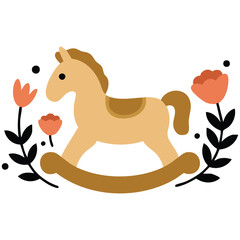Rocking horse and flowers bohemian style baby theme isolated vector illustration on white background