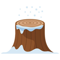 Chopped wood trunk with snow accumulation cartoon forest nature scene isolated vector illustration on white background