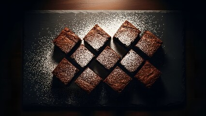 Top-down view of a delicious batch of chocolate brownies, neatly cut into squares and dusted with powdered sugar on a dark slate platter