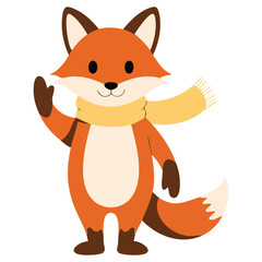 Cheerful cartoon fox waving its paw animal character with bushy tail isolated vector illustration