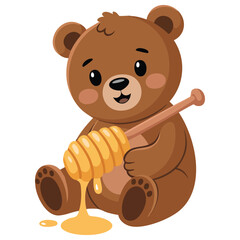 Cute cartoon brown bear holding honey dipped stick cheerful animal character isolated vector illustration