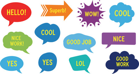 Colorful speech bubble expressions set with positive words, chat stickers and cartoon message icons for communication, social media and graphic design