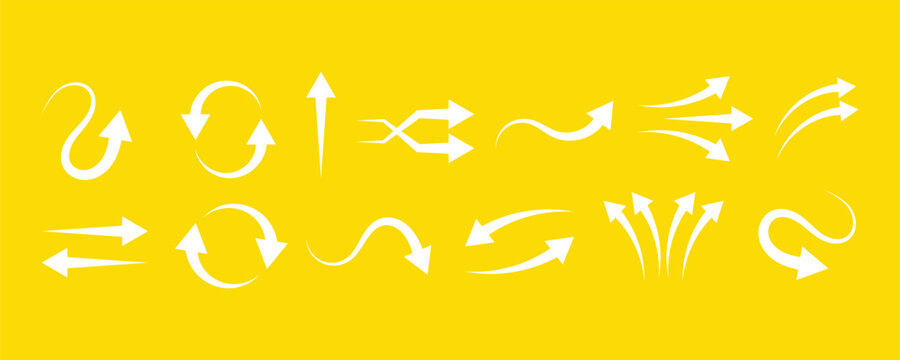 Set of White Hand-Drawn Style Dynamic Arrow Icons with Swirl and Speed Effects on Vibrant Yellow Background