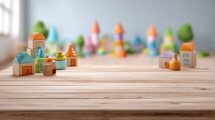 Colorful Blurred Playroom Scene With Wooden Table Ready for Kids Toys Display and Imaginative Play