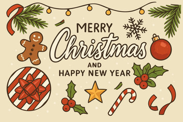 Festive Merry Christmas greeting with gingerbread man, ornaments, and holiday cheer, perfect for seasonal designs