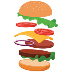 Floating hamburger with flying ingredients cartoon food isolated vector illustration on white