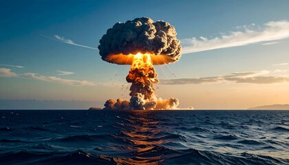 Dramatic image of an atomic explosion billowing above ocean waters at dusk